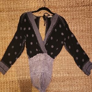 Free People Black and Gray Patterned Bodysuit